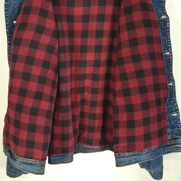 Wrangler Trucker Jacket Men's 4X Blue Denim Button Front Plaid Lined Distressed - Picture 11 of 14